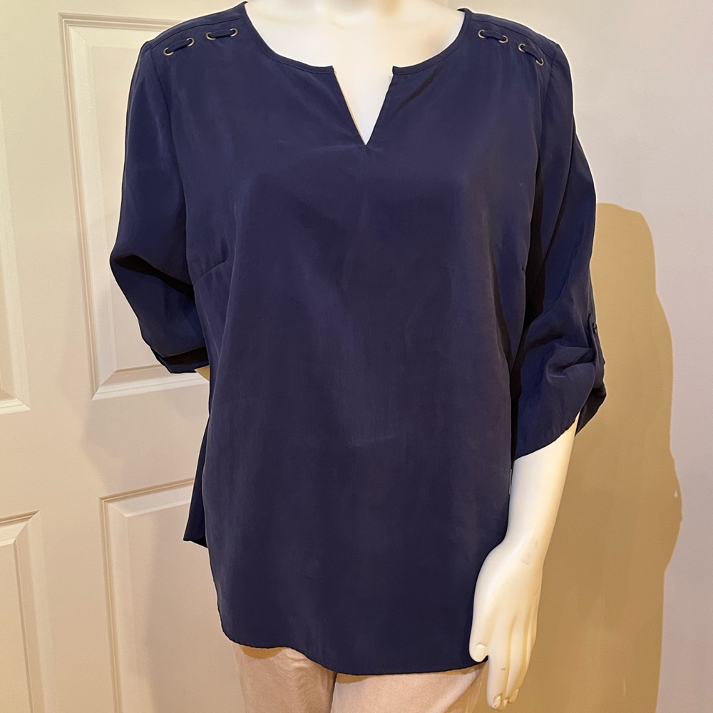 Chico's Deep Blue Blouse with Grommet Shoulder Detail